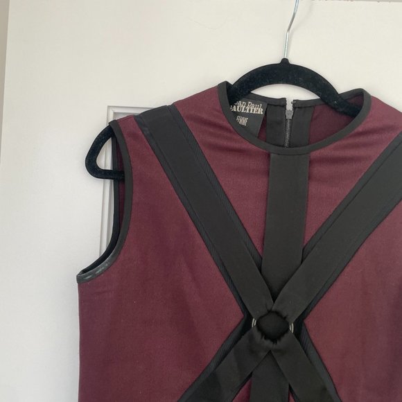 Jean Paul Gaultier JPG Sleeveless Mini Dress Maroon Wool Harness Front Sz 6 - Picture 6 of 11